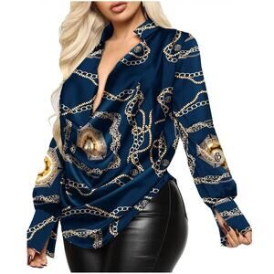 Elegant Chain Print Blouse - Navy